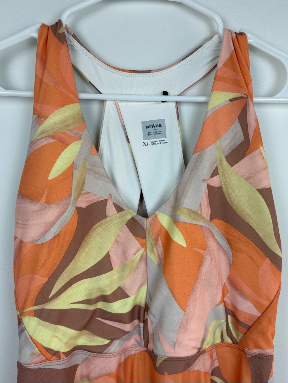PrAna Saxon Dress XL Orange Leaf Print Asymmetrical Midi EUC Tropical Coastal - Picture 5 of 12